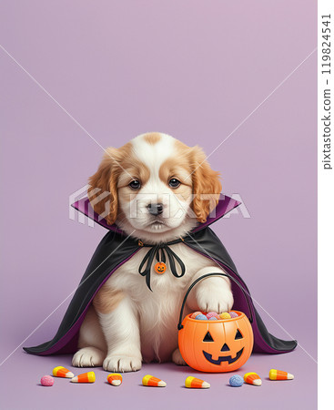 Halloween Puppy in Vampire Costume with Candy Bucket 119824541