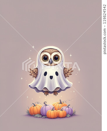 Cute Owl in Ghost Costume Floating Over Pumpkins on Plain Background 119824542