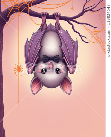 Adorable Bat with Bowtie Hanging on Branch in Halloween Setting 119824548
