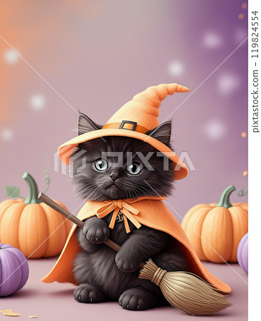 Black Kitten in Witch Costume with Broomstick and Pumpkins 119824554