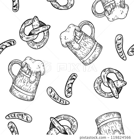 Beer festival black white seamless pattern isolated. Wooden beer mug, pretzel, sausage vector hand drawn. Monochrome repeated texture with tankard and snacks for wrapping paper, pub, Oktoberfest. Beer festival black white seamless pattern isolated. Wooden beer mug, pretzel, sausage vector hand drawn. Monochrome repeated texture with tankard and snacks for wrapping paper, pub, Oktoberfest. 119824566