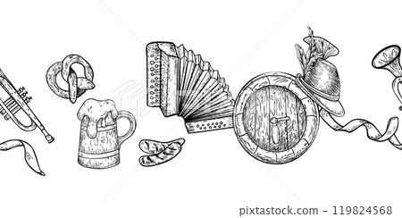 Beer festival seamless border black white vector isolated. Wooden barrel, tankard beer, pretzel monochrome banner Oktoberfest. German hat, musical instruments hand drawn on repeated texture. 119824568