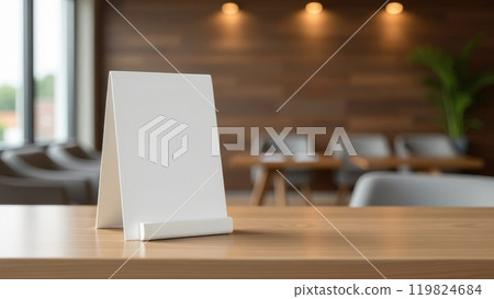A blank tabletop sign holder on a wooden table in a modern, cozy waiting area A blank tabletop sign holder on a wooden table in a modern, cozy waiting area 119824684
