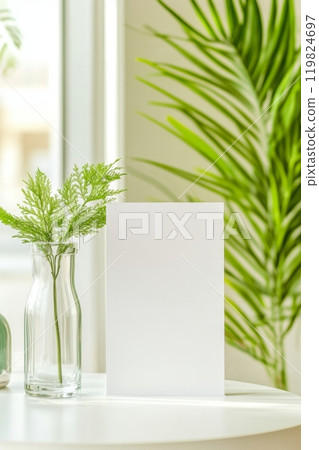 A blank table tent mock up for text or logo on a countertop in a beauty salon 119824697