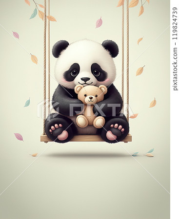 Playful Panda on Swing with Teddy Bear Amid Autumn Leaves 119824739