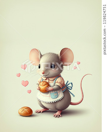Sweet Mouse Holding Bread Roll with Floating Hearts in Whimsical Scene 119824751