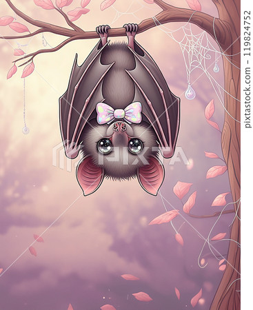 Bat Hanging from Branch with Bow in a Whimsical Setting 119824752