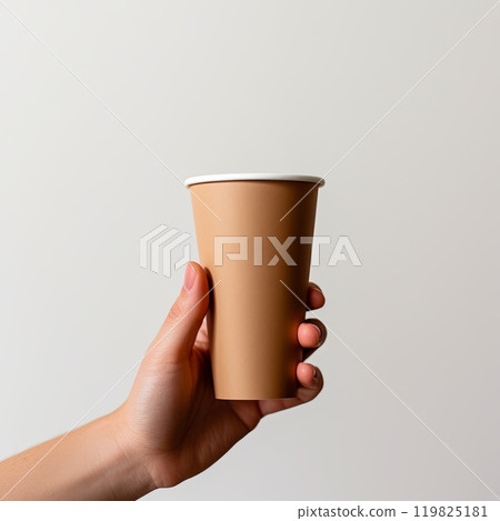 A hand holding a brown paper coffee glass against white background A hand holding a brown paper coffee glass against white background 119825181