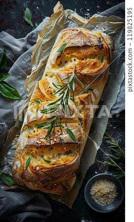 Closeup of baked bread. Overhead shot, professional color grading, micro details. 119825195
