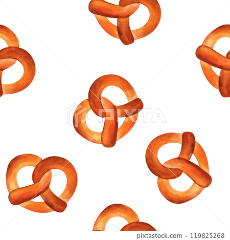 Breads - buns, baguettes, loaves, croissants, pretzels, rye and wheat watercolor seamless pattern. For prints on textile and paper, plates and dishes, for kitchen, restaurant menus, recipes, cookbook. 119825268