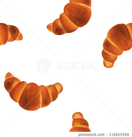 Breads - buns, baguettes, loaves, croissants, pretzels, rye and wheat watercolor seamless pattern. For prints on textile and paper, plates and dishes, for kitchen, restaurant menus, recipes, cookbook. 119825269