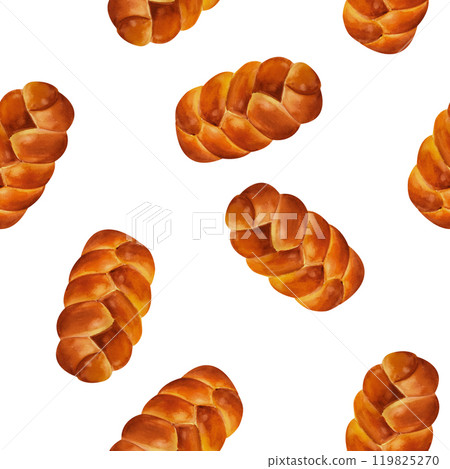 Breads - buns, baguettes, loaves, croissants, pretzels, rye and wheat watercolor seamless pattern. For prints on textile and paper, plates and dishes, for kitchen, restaurant menus, recipes, cookbook. 119825270