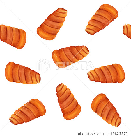 Trdelnk, Chimney Cake, watercolor seamless pattern. For prints on textile and paper, clothes, plates and dishes design, decoration for kitchen, restaurant menus, recipes, cookbook. 119825271