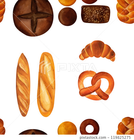 Breads - buns, baguettes, loaves, croissants, pretzels, rye and wheat watercolor seamless pattern. For prints on textile and paper, plates and dishes, for kitchen, restaurant menus, recipes, cookbook 119825275