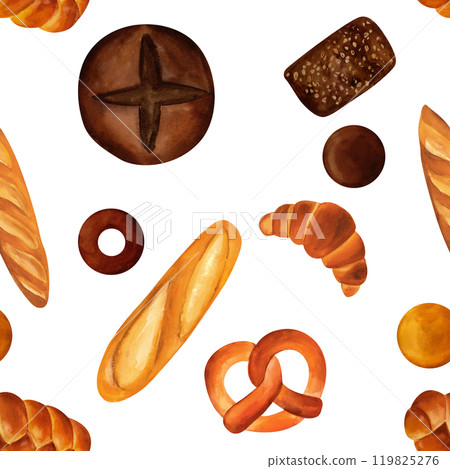 Breads - buns, baguettes, loaves, croissants, pretzels, rye and wheat watercolor seamless pattern. For prints on textile and paper, plates and dishes, for kitchen, restaurant menus, recipes, cookbook Breads - buns, baguettes, loaves, croissants, pretzels, rye and wheat watercolor seamless pattern. For prints on textile and paper, plates and dishes, for kitchen, restaurant menus, recipes, cookbook 119825276