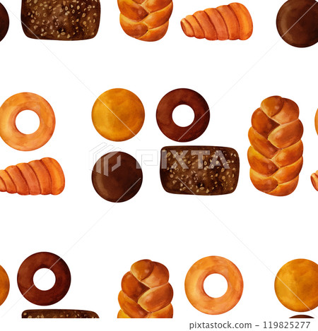 Breads - buns, baguettes, loaves, croissants, pretzels, rye and wheat watercolor seamless pattern. For prints on textile and paper, plates and dishes, for kitchen, restaurant menus, recipes, cookbook 119825277