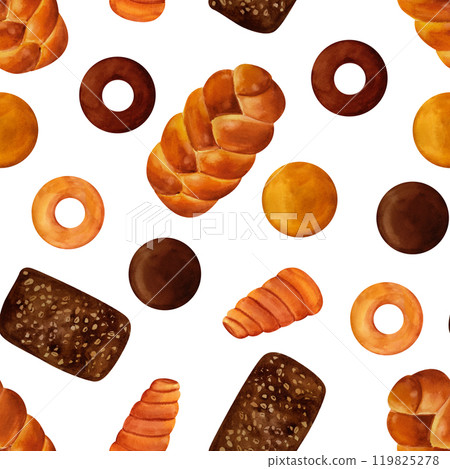 Breads - buns, baguettes, loaves, croissants, pretzels, rye and wheat watercolor seamless pattern. For prints on textile and paper, plates and dishes, for kitchen, restaurant menus, recipes, cookbook Breads - buns, baguettes, loaves, croissants, pretzels, rye and wheat watercolor seamless pattern. For prints on textile and paper, plates and dishes, for kitchen, restaurant menus, recipes, cookbook 119825278