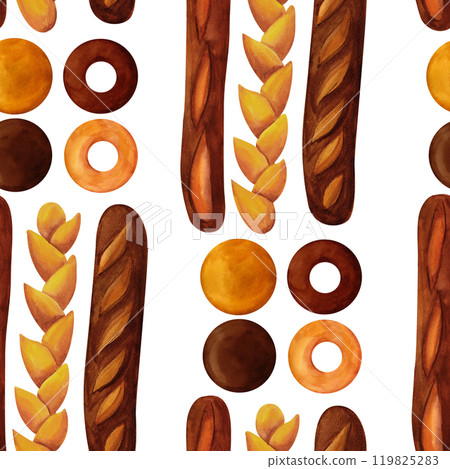 Breads - buns, baguettes, loaves, croissants, pretzels, rye and wheat watercolor seamless pattern. For prints on textile and paper, plates and dishes, for kitchen, restaurant menus, recipes, cookbook 119825283