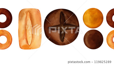 Breads - buns, baguettes, loaves, croissants, pretzels, rye and wheat watercolor seamless pattern border. For prints on textile and paper, plates for kitchen, restaurant menus, recipes, cookbook. 119825289