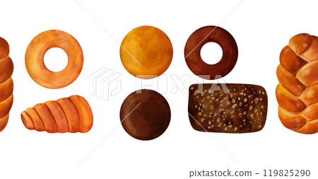 Breads - buns, baguettes, loaves, croissants, pretzels, rye and wheat watercolor seamless pattern border. For prints on textile and paper, plates for kitchen, restaurant menus, recipes, cookbook. 119825290