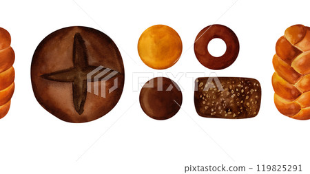 Breads - buns, baguettes, loaves, croissants, pretzels, rye and wheat watercolor seamless pattern border. For prints on textile and paper, plates for kitchen, restaurant menus, recipes, cookbook. 119825291