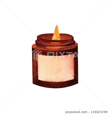 Wax or paraffin candle in brown glass. Watercolor illustration for festive occasion or spa theme. Hand drawn clipart for postcard, printing , candlemakers. 119825299
