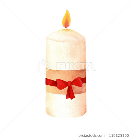 Wax or paraffin white candle. Watercolor illustration for festive occasion or spa theme. Hand drawn clipart for postcard, printing , candlemakers. 119825300