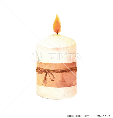 Wax or paraffin white candle with parchment paper and a jute rope bow. Watercolor illustration for festive occasion or spa theme. Hand drawn clipart for postcard, printing , candlemakers. Wax or paraffin white candle with parchment paper and a jute rope bow. Watercolor illustration for festive occasion or spa theme. Hand drawn clipart for postcard, printing , candlemakers. 119825306