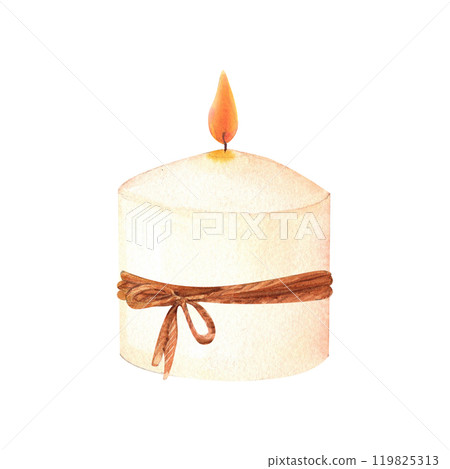 Wax or paraffin white candle with a jute rope bow. Watercolor illustration for festive occasion or spa theme. Hand drawn clipart for postcard, printing , candlemakers. 119825313