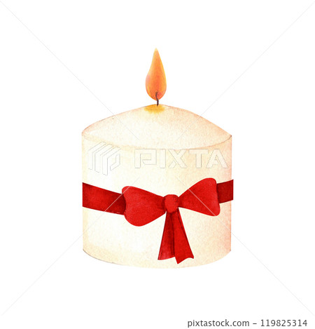 Wax or paraffin white candle. Watercolor illustration for festive occasion or spa theme. Hand drawn clipart for postcard, printing , candlemakers. Wax or paraffin white candle. Watercolor illustration for festive occasion or spa theme. Hand drawn clipart for postcard, printing , candlemakers. 119825314