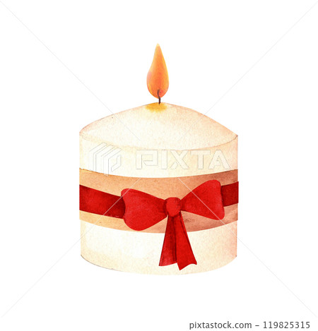 Wax or paraffin white candle. Watercolor illustration for festive occasion or spa theme. Hand drawn clipart for postcard, printing , candlemakers. Wax or paraffin white candle. Watercolor illustration for festive occasion or spa theme. Hand drawn clipart for postcard, printing , candlemakers. 119825315