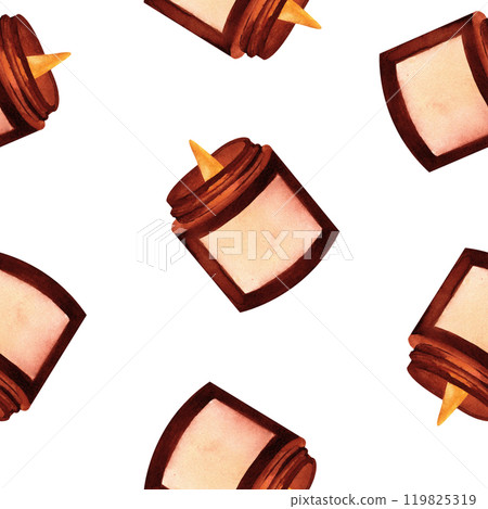 Wax or paraffin candle in brown glass. Watercolor illustration for festive occasion or spa theme. Hand drawn clipart for postcard, printing , candlemakers. 119825319