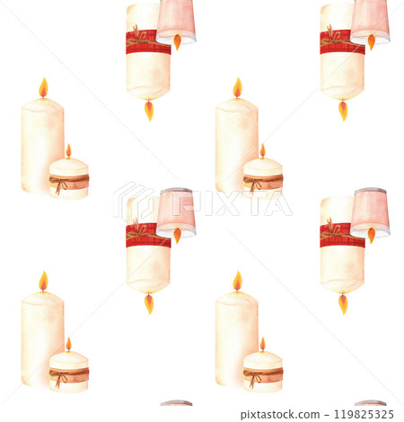 Wax or paraffin white candle seamless pattern. Watercolor illustration for festive occasion or spa theme. Hand drawn clipart for postcard, printing , candlemakers. Wax or paraffin white candle seamless pattern. Watercolor illustration for festive occasion or spa theme. Hand drawn clipart for postcard, printing , candlemakers. 119825325