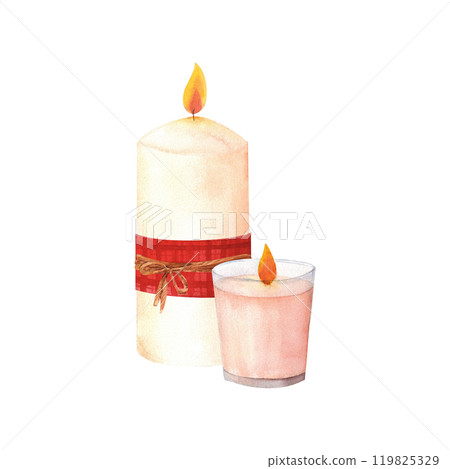 Wax or paraffin white candle with red bow. Watercolor illustration for festive occasion or spa theme. Hand drawn clipart for postcard, printing , candlemakers. 119825329