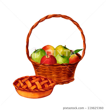 Wicker basket of apples and baked pie, watercolor realistic illustration, for prints, invitations, postcards to the autumn holidays Thanksgiving, harvest festival, farmer's market, kitchen, menu Wicker basket of apples and baked pie, watercolor realistic illustration, for prints, invitations, postcards to the autumn holidays Thanksgiving, harvest festival, farmer's market, kitchen, menu 119825360