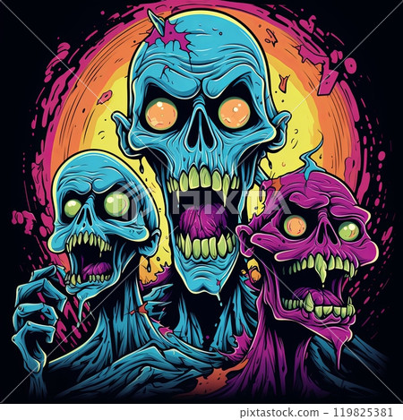 Vibrant and Hilarious Cartoon Monsters With Big Eyes and Sharp Teeth on Black Background 119825381