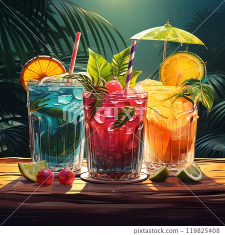 Illustration of vibrant cocktails with fresh fruit and ice, perfect for a lively summer party. 119825408