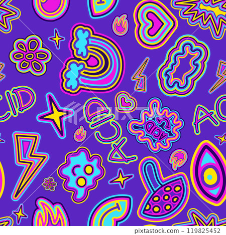 Colorful groovy hippie pattern with flowers geometric shapes on blue background Colorful groovy hippie pattern with flowers geometric shapes on blue background 119825452