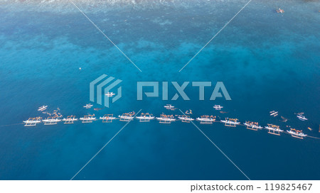 Aerial view Whale shark swimming in ocean, Oslob Whale Shark Watching, Whale shark watching in Oslob , Cebu , Philippines, Oslob, Cebu, Philippines. 119825467