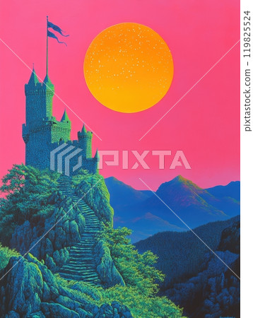 Towering castle with winding staircase leading up to it against vibrant pink sky and massive, glowing sun. Contemporary artwork. Vibrant color. 119825524