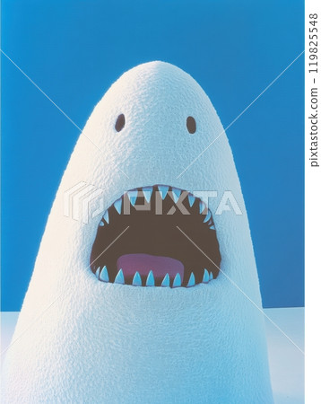 Playful, ghost-like figure with sharp teeth and tiny eyes, blending innocence with menace in soft blue environment. Playful, ghost-like figure with sharp teeth and tiny eyes, blending innocence with menace in soft blue environment. 119825548