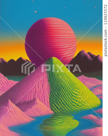Vibrant, surreal landscape with large, pink sphere hovering above pyramid-shaped hill, reflecting on calm body of water under sky. Surreal artwork. 119825572