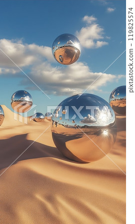 Contemporary artwork. Surreal desert landscape with scattered, reflective spheres reflecting sky and sand dunes. 119825574