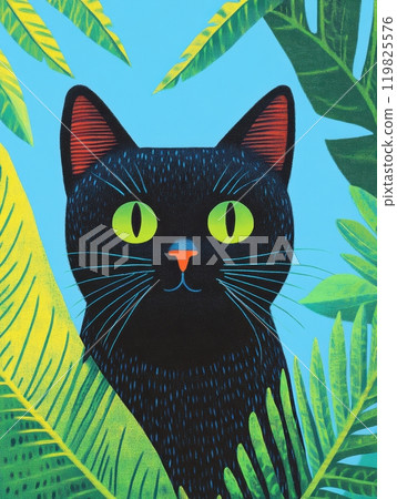 Contemporary art work. Huge black cat sitting surrounded tropical plants with large leaves, green pupils against clean blue background. Trendy artwork. Contemporary art work. Huge black cat sitting surrounded tropical plants with large leaves, green pupils against clean blue background. Trendy artwork. 119825576