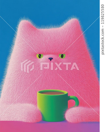 Cute soft pink cat having cup of coffee in cafe. Contemporary artwork. Trendy and vibrant colors. 119825580