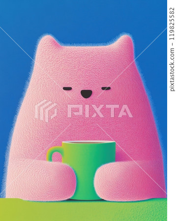 Cute soft pink cat having cup of coffee in cafe. Contemporary artwork. Concept of surrealism, fantasy, modern, lifestyle 119825582