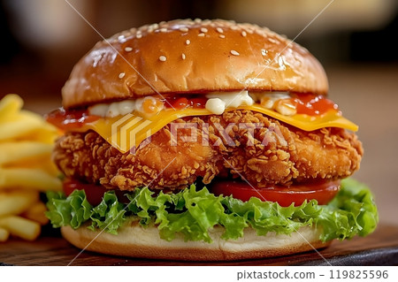Crispy chicken burger with lettuce, tomatoes and cheese. Generative AI. 119825596
