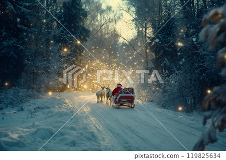 Santa Claus is delivering Christmas and new year gift boxes on sledge with reindeer. Generative AI. 119825634