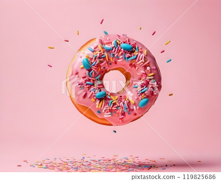 food template. Pink frosting donut doughnut floating flying with dropping colourful sprinkles 119825686