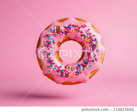 food template. Pink frosting donut doughnut floating flying with dropping colourful sprinkles food template. Pink frosting donut doughnut floating flying with dropping colourful sprinkles 119825688